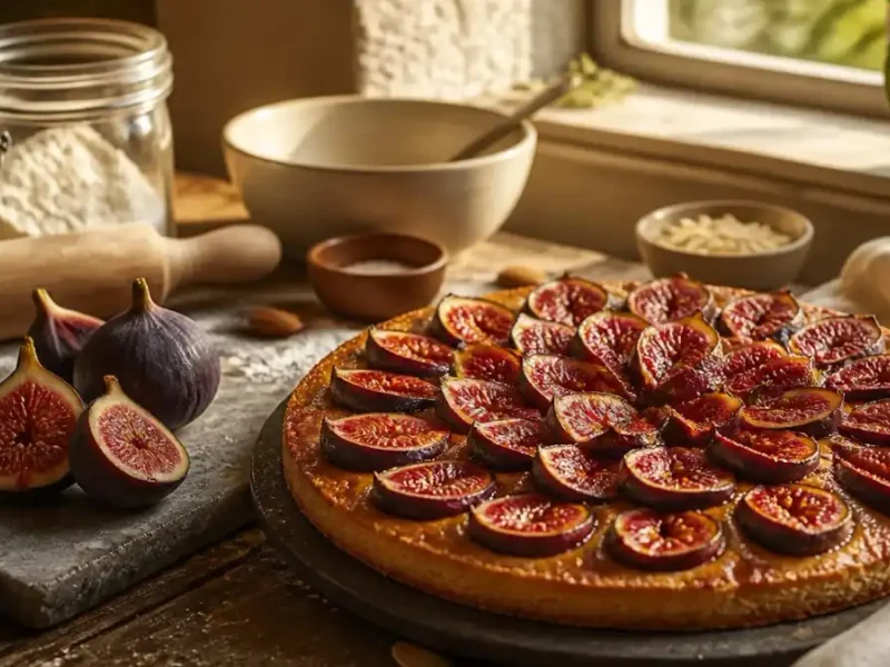 Une délicieuse tarte aux figues fraîchement préparée sur une table rustique entourée d'ingrédients de pâtisserie
