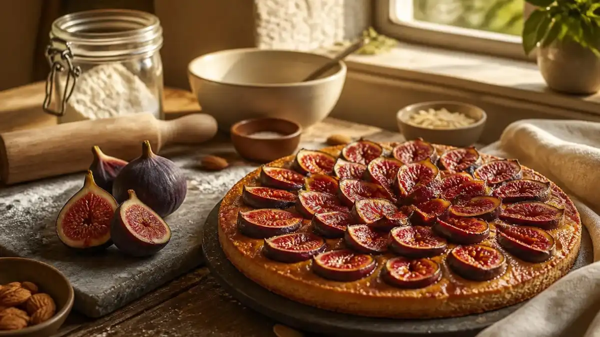 Une délicieuse tarte aux figues fraîchement préparée sur une table rustique entourée d'ingrédients de pâtisserie