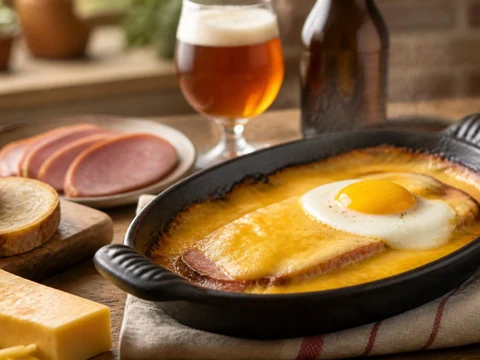Un plat de Welsh au fromage fondu et œuf au plat pour illustrer la recette du Welsh