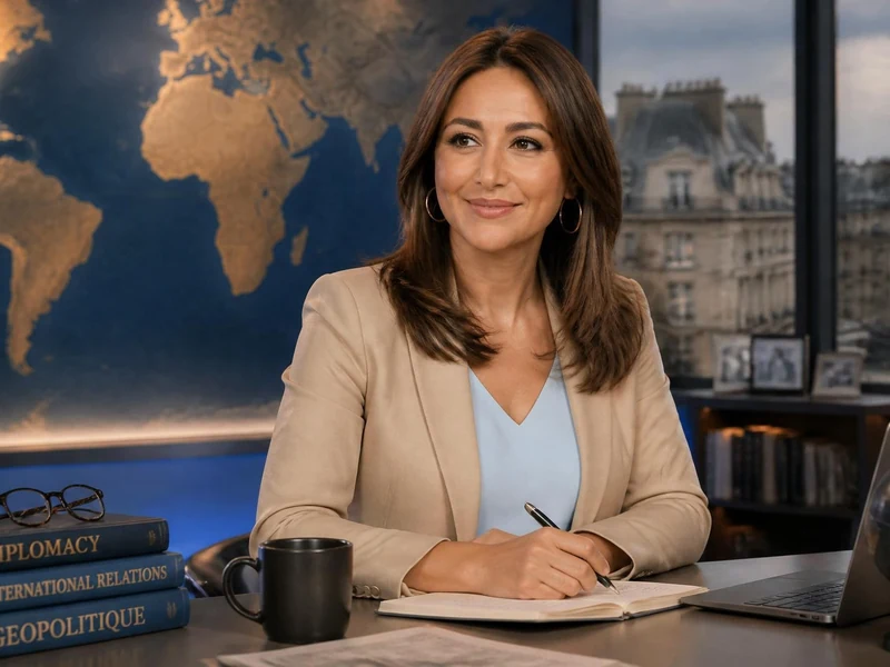La journaliste Margot Haddad vie privée préservée dans son studio de télévision avec une carte du monde en arrière-plan