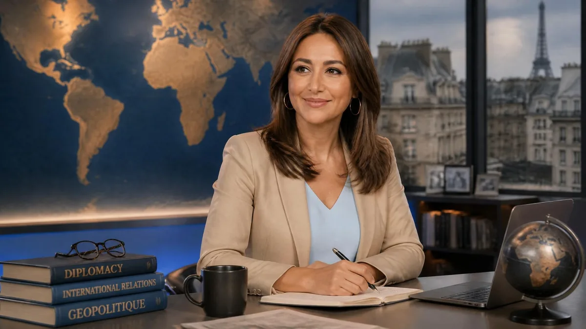 La journaliste Margot Haddad vie privée préservée dans son studio de télévision avec une carte du monde en arrière-plan