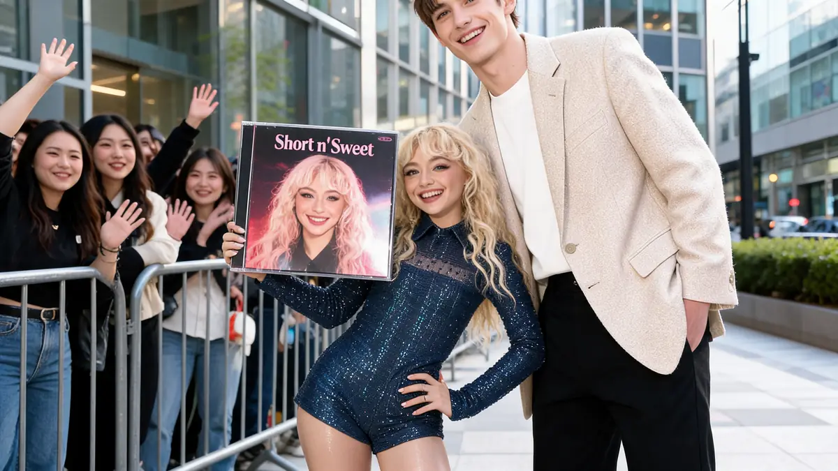 Sabrina Carpenter taille très petite à côté d'un homme grand lors d'un événement public avec ses fans