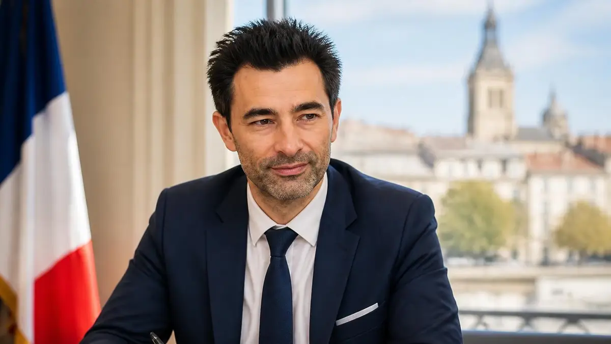 Portrait de Laurent Bruneau en costume devant un drapeau français et une vue de ville
