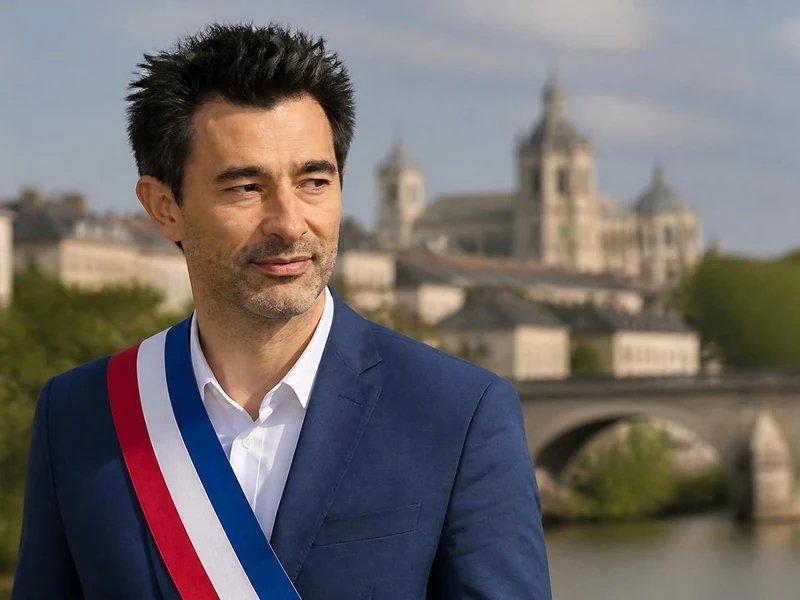 Portrait de Laurent Bruneau portant l'écharpe tricolore avec la ville d'Agen en arrière-plan