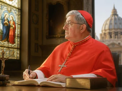 Le cardinal Thomas Collins assis à son bureau avec la basilique Saint-Pierre en arrière-plan
