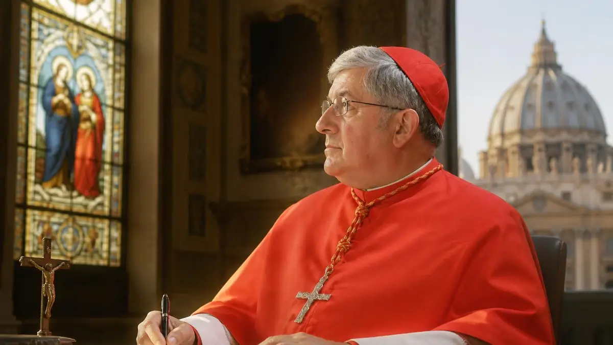 Le cardinal Thomas Collins assis à son bureau avec la basilique Saint-Pierre en arrière-plan
