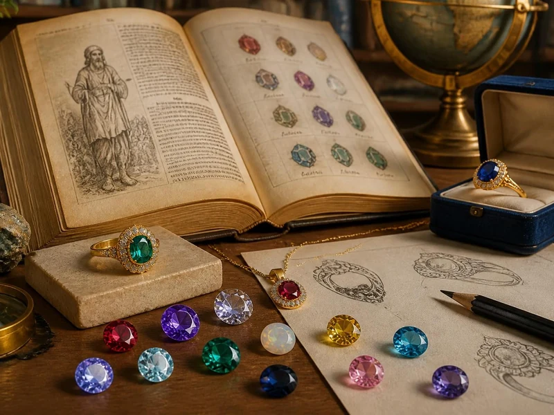 Un livre ancien ouvert entouré de pierres précieuses colorées et de bagues représentant une pierre de naissance