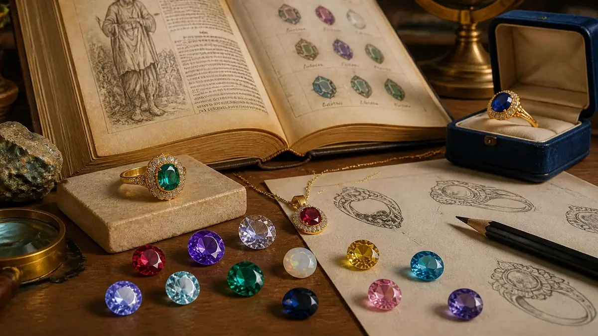 Un livre ancien ouvert entouré de pierres précieuses colorées et de bagues représentant une pierre de naissance