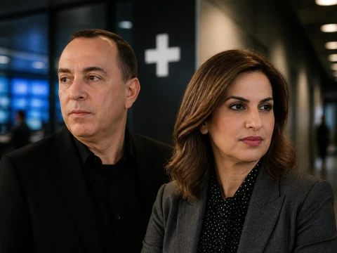 Portrait sérieux des journalistes Jean-Marc Morandini Sonia Mabrouk posant ensemble dans un couloir