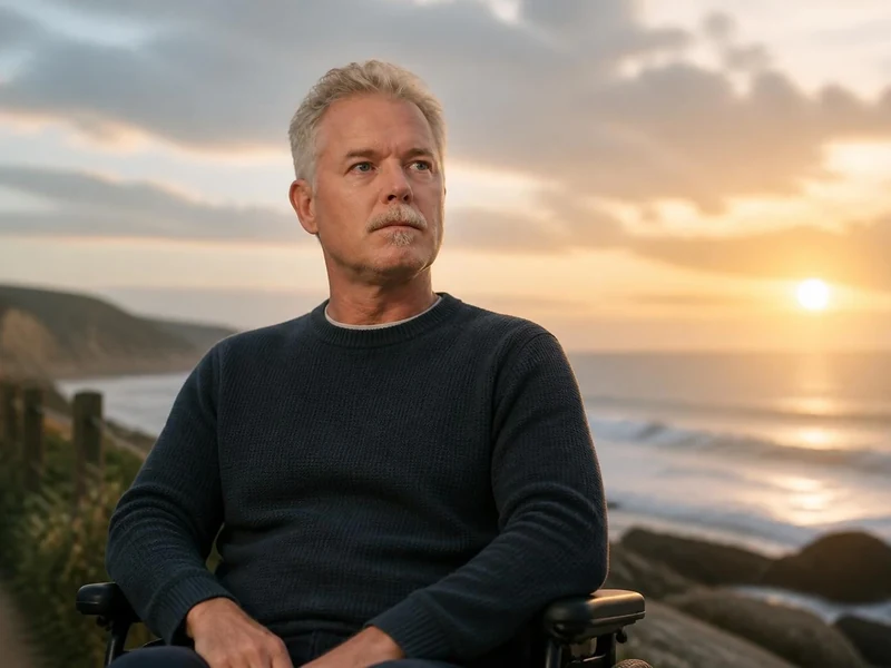 Portrait pensif de l'acteur Eric Dane maladie au cœur de ses préoccupations face à un coucher de soleil sur l'océan