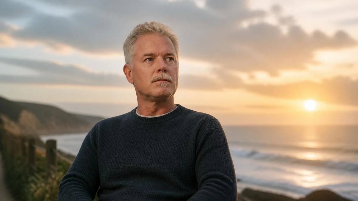 Portrait pensif de l'acteur Eric Dane maladie au cœur de ses préoccupations face à un coucher de soleil sur l'océan