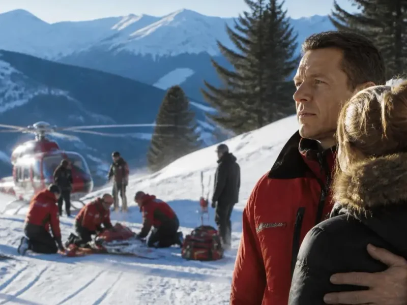 Deux personnes observent les secours en montagne lors de l'évocation du crash Michael Schumacher