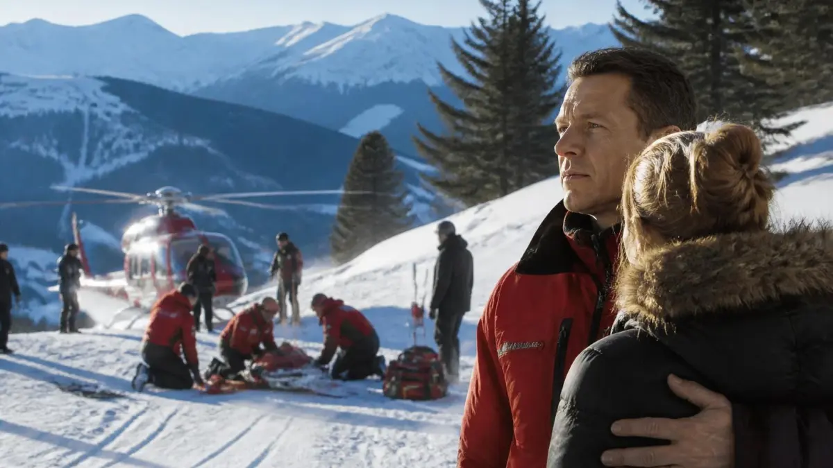 Deux personnes observent les secours en montagne lors de l'évocation du crash Michael Schumacher
