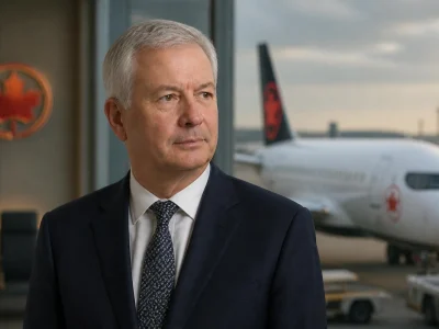 Portrait de Michael Rousseau en costume devant un avion sur le tarmac