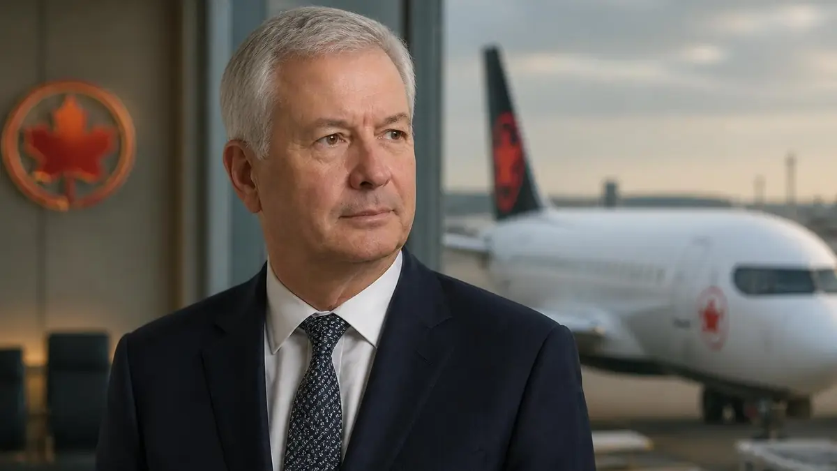 Portrait de Michael Rousseau en costume devant un avion sur le tarmac