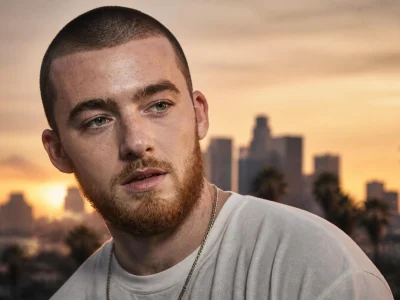 Portrait de l'acteur Angus Cloud avec un coucher de soleil sur une ville en arrière-plan