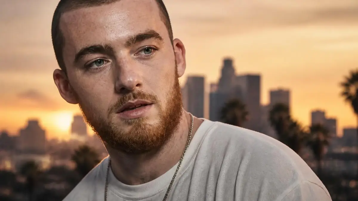 Portrait de l'acteur Angus Cloud avec un coucher de soleil sur une ville en arrière-plan