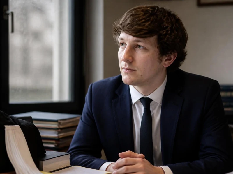 Portrait de Maxime Tessier avocat en costume sombre pensif près d'une fenêtre