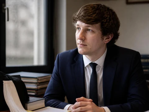 Portrait de Maxime Tessier avocat en costume sombre pensif près d'une fenêtre