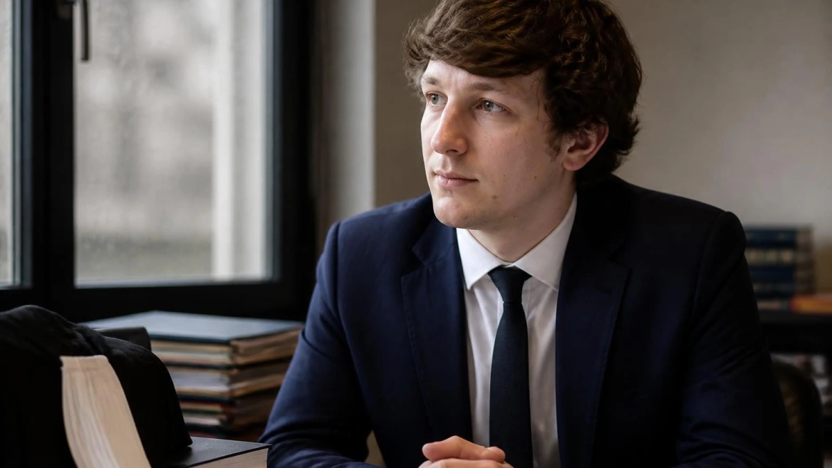 Portrait de Maxime Tessier avocat en costume sombre pensif près d'une fenêtre