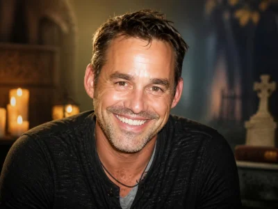 Portrait souriant de l'acteur Nicholas Brendon avec des bougies en arrière-plan