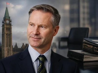 Portrait de Nigel Wright avec la tour de la Paix du Parlement canadien en arrière-plan