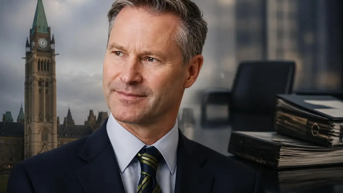 Portrait de Nigel Wright avec la tour de la Paix du Parlement canadien en arrière-plan