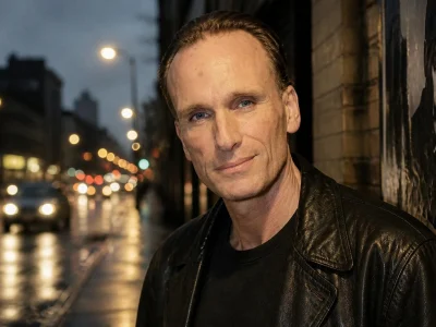 Portrait de l'acteur Peter Greene posant dans une rue urbaine à la tombée de la nuit