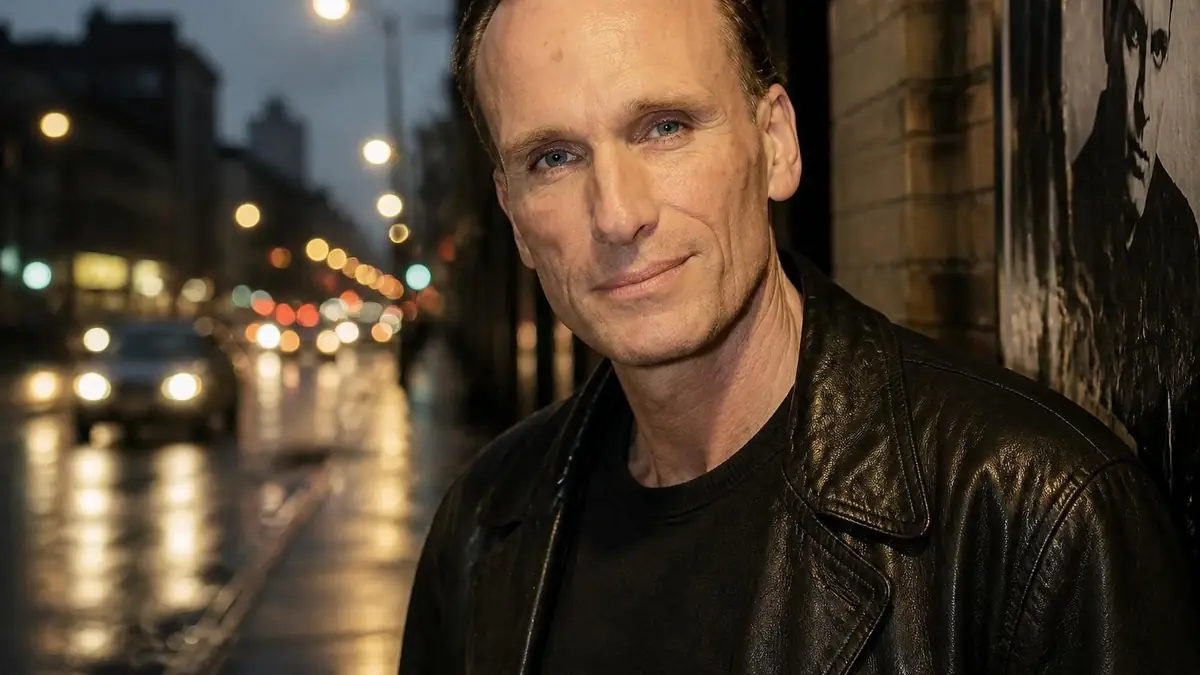 Portrait de l'acteur Peter Greene posant dans une rue urbaine à la tombée de la nuit