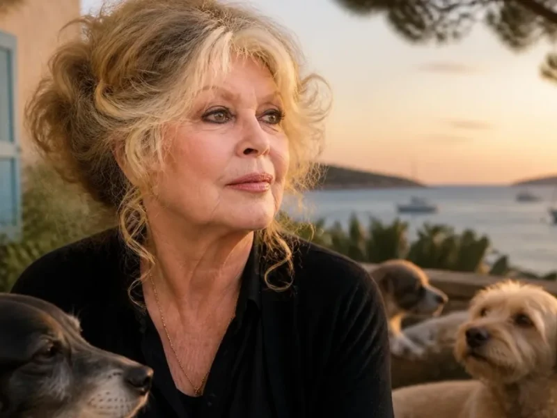 Portrait de Brigitte Bardot décédée, posant sereinement entourée de ses chiens face à la mer