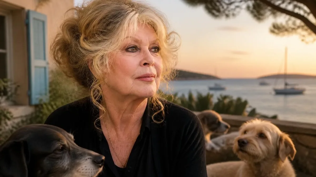 Portrait de Brigitte Bardot décédée, posant sereinement entourée de ses chiens face à la mer