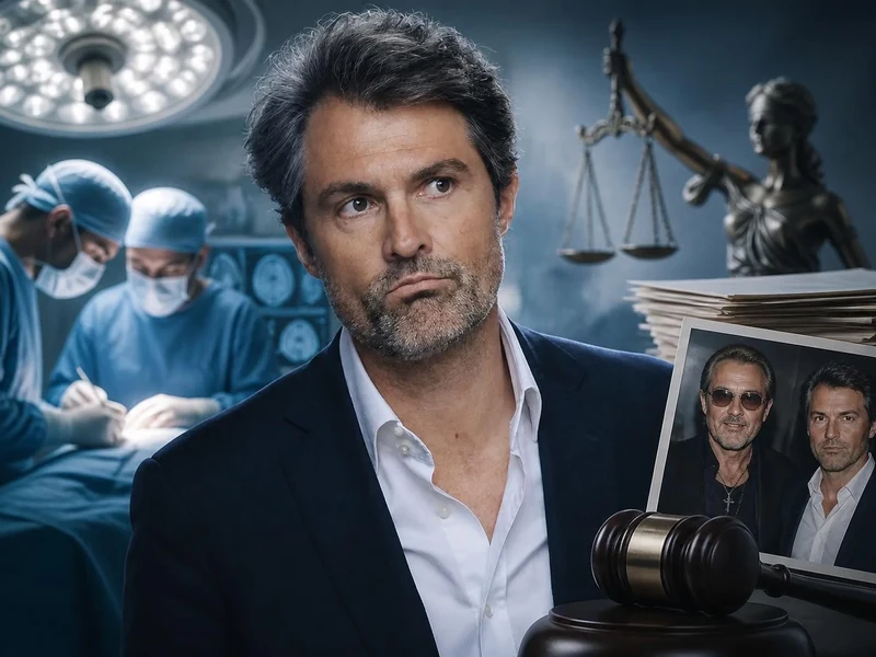 Portrait de Stéphane Delajoux sur fond de bloc opératoire et de symboles judiciaires