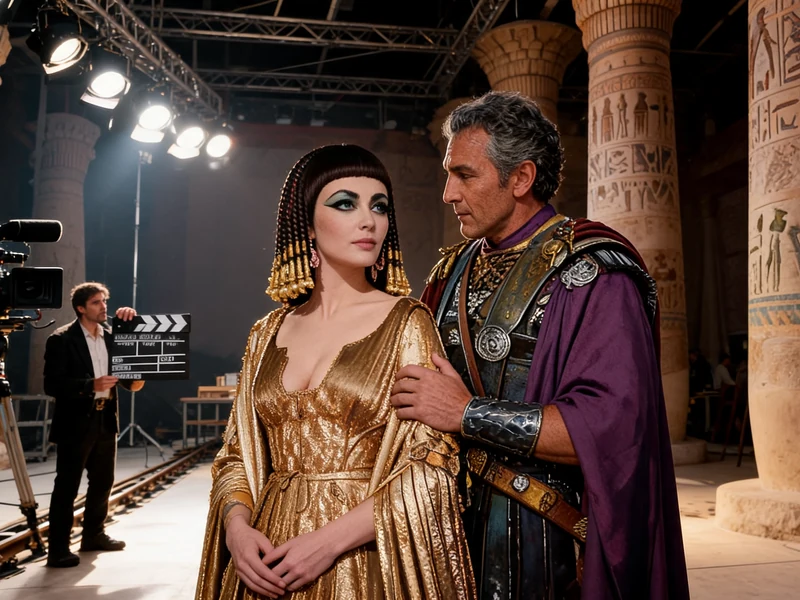 Deux acteurs en costumes d'époque sur le tournage du Cléopâtre film Elizabeth Taylor