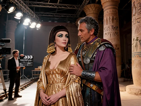 Deux acteurs en costumes d'époque sur le tournage du Cléopâtre film Elizabeth Taylor