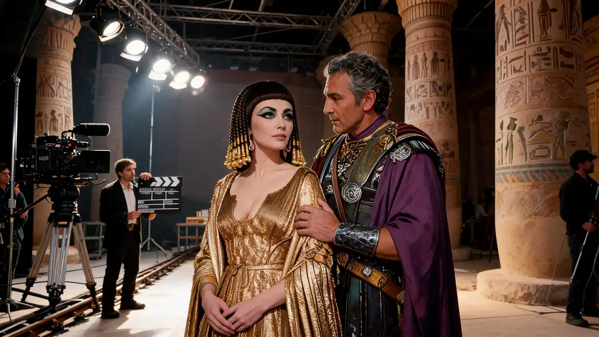 Deux acteurs en costumes d'époque sur le tournage du Cléopâtre film Elizabeth Taylor