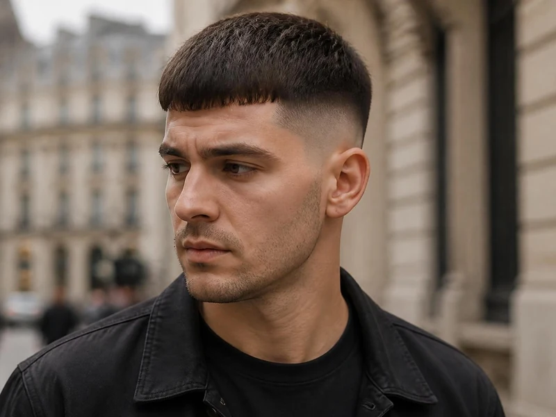 Homme portant une coupe french crop avec un dégradé sur les côtés et une frange courte texturée