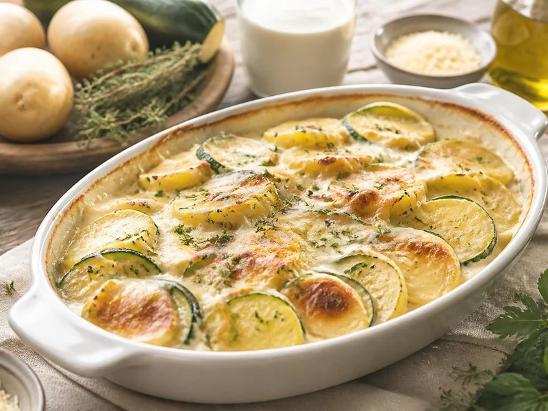 Plat au four contenant un délicieux gratin courgette pomme de terre doré et crémeux
