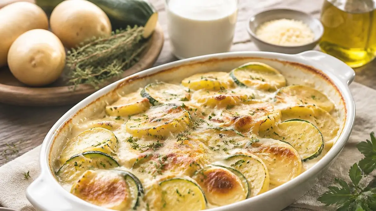 Plat au four contenant un délicieux gratin courgette pomme de terre doré et crémeux