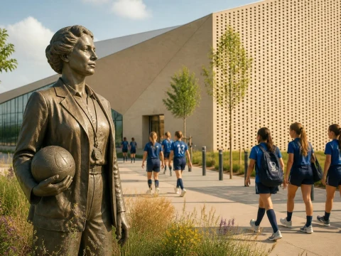 Statue d'Alice Milliat devant le bâtiment moderne du alice Milliat gymnase avec des jeunes sportives en arrière-plan