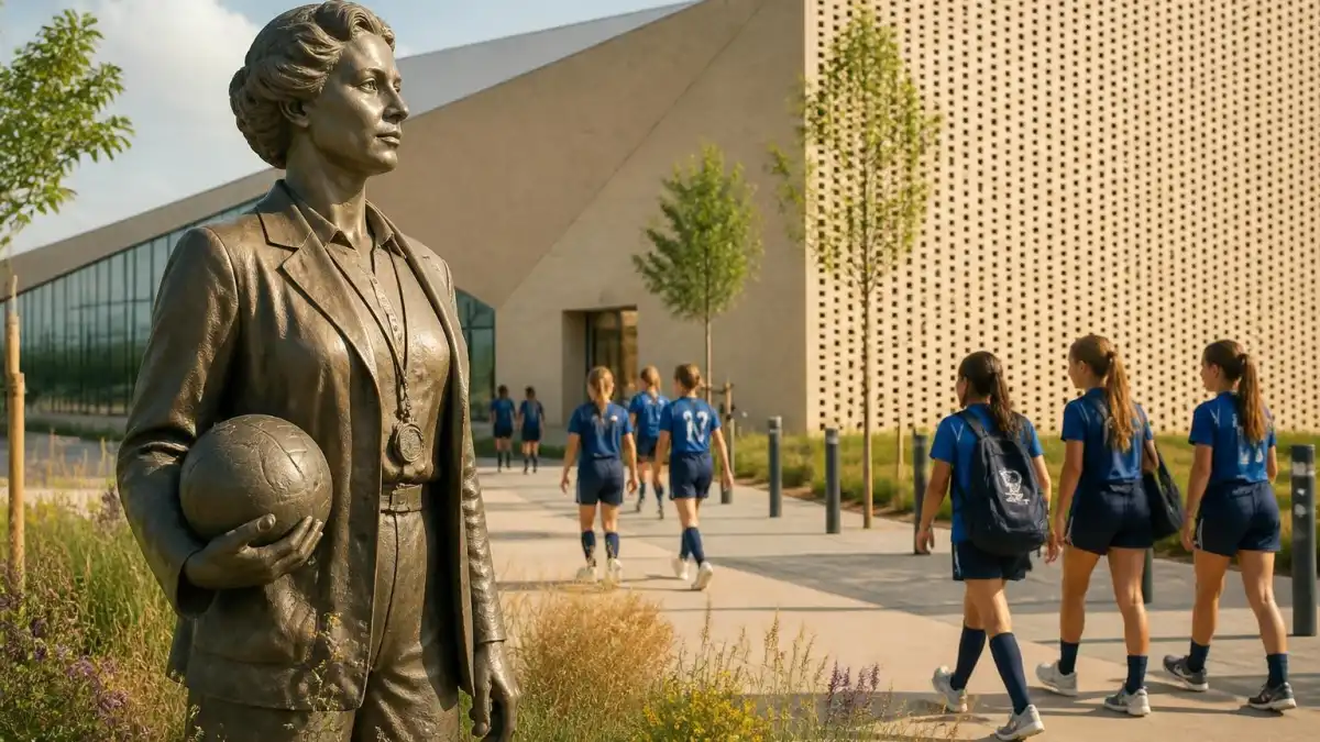 Statue d'Alice Milliat devant le bâtiment moderne du alice Milliat gymnase avec des jeunes sportives en arrière-plan