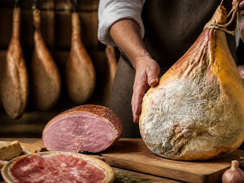 Un artisan charcutier présente un jambon entier dans sa boutique entourée de nombreuses pièces suspendues