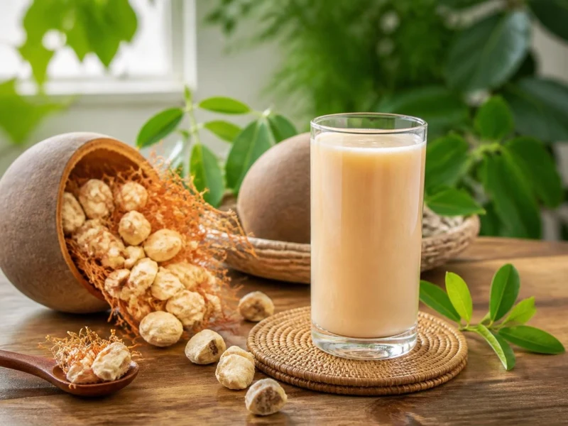 Un verre de jus de baobab frais posé sur une table en bois à côté de fruits de baobab ouverts