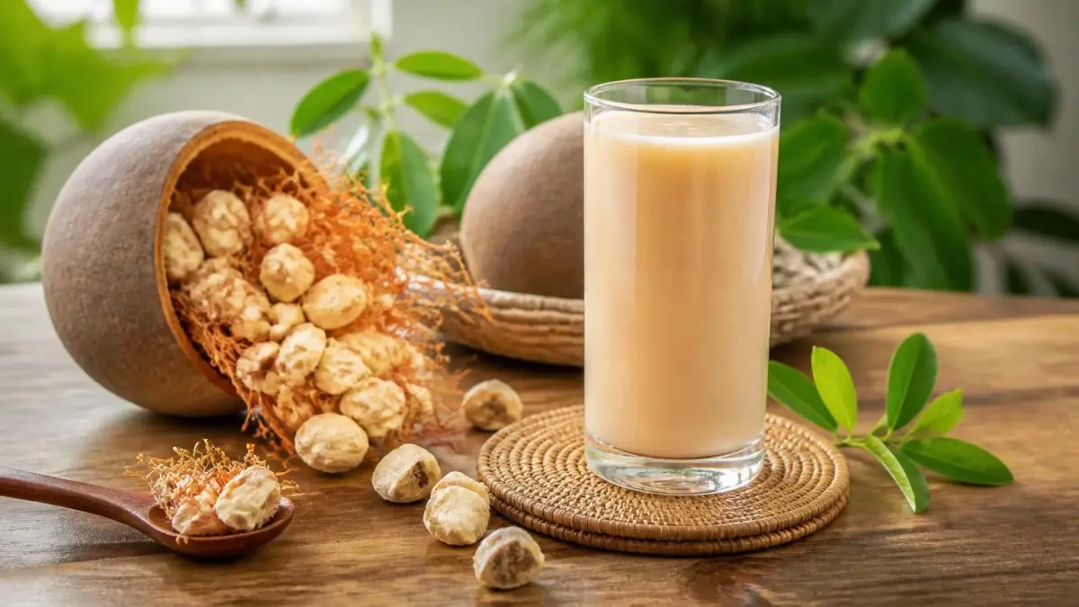 Un verre de jus de baobab frais posé sur une table en bois à côté de fruits de baobab ouverts