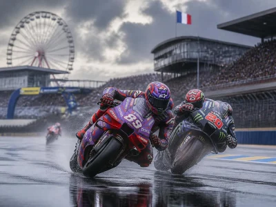 Deux pilotes de moto s'affrontent sur une piste mouillée lors de l'épreuve du le Mans Moto GP
