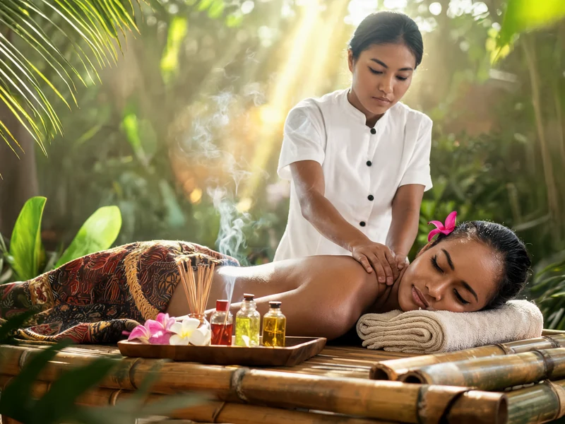 Une masseuse prodigue un soin relaxant en extérieur pour un balinais massage traditionnel dans un cadre tropical