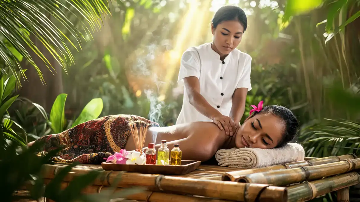 Une masseuse prodigue un soin relaxant en extérieur pour un balinais massage traditionnel dans un cadre tropical