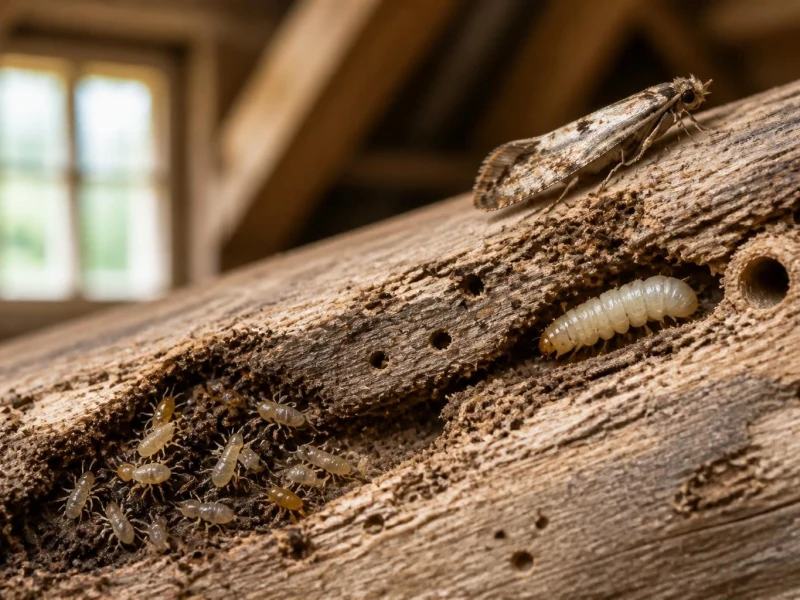 Une mite adulte et ses larves xylophages infestant une poutre en bois, souvent confondues avec des mites bois