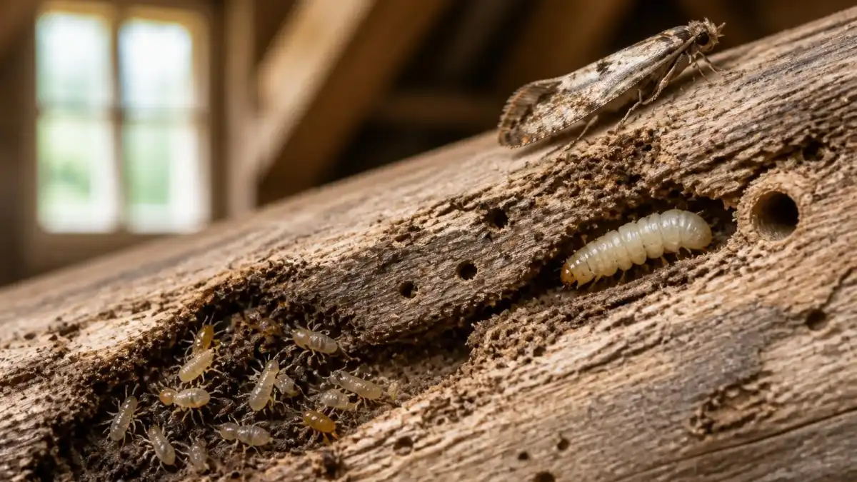 Une mite adulte et ses larves xylophages infestant une poutre en bois, souvent confondues avec des mites bois