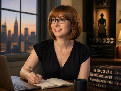 Portrait de l'écrivaine Freida McFadden travaillant à son bureau avec une vue sur la ville en arrière-plan