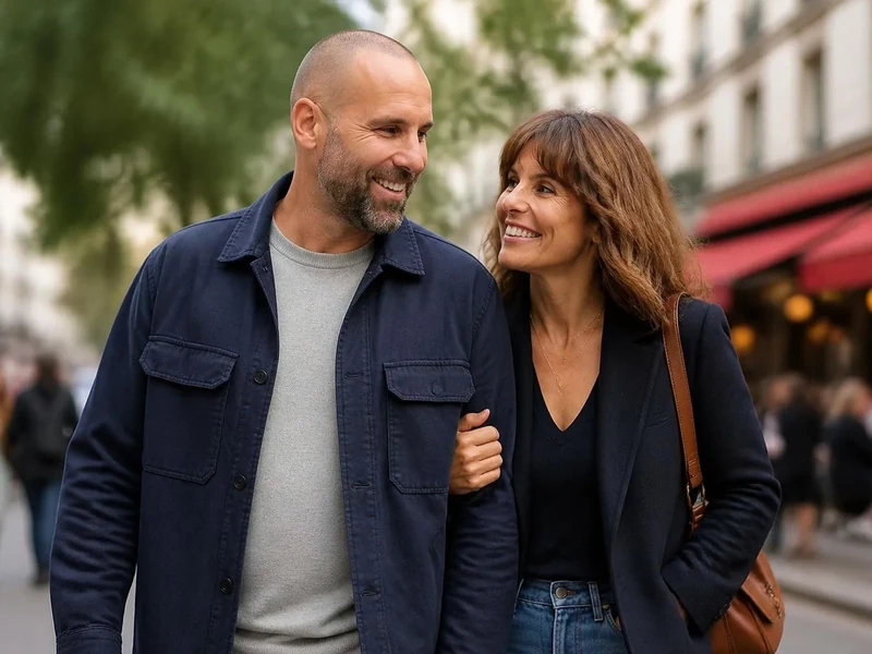 Faustine Bollaert nouveau compagnon se promènent en ville avec le sourire en se tenant par le bras